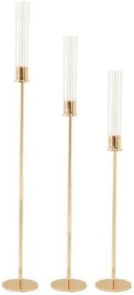 3 Gold Metal Taper Candle Holders with Hurricane Glass Shades Set