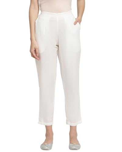 Image of Women's White Cotton Straight Fit Trouser | Ankle Length Casual Pants for Women | Mid Rise Comfortable Stretchable Bottom Wear with Pocket