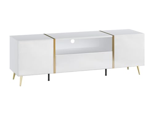 Vente-unique-Mueble TV con 2 Puertas, 1 cajón y 1 Estante - Blanco Brillante y Dorado - MARZIALO