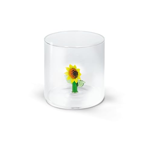 WD Lifestyle Bicchiere in vetro borosilicato. Capacità 250 ml. Decoro girasole.