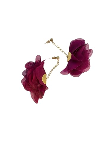 Boucles d’oreilles longues en tissu fuchsia – Chaîne dorée et éventail doré brossé – Bijou femme bohème chic et aérien – Idée cadeau femme –...
