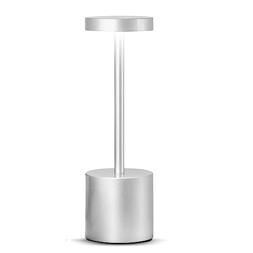 cordless table lamps - golden wireless led table light with 3 color stepless dimming by touch - chic indoor and outdoor table lamp with stylish rounded design for home, restaurant and more - silver