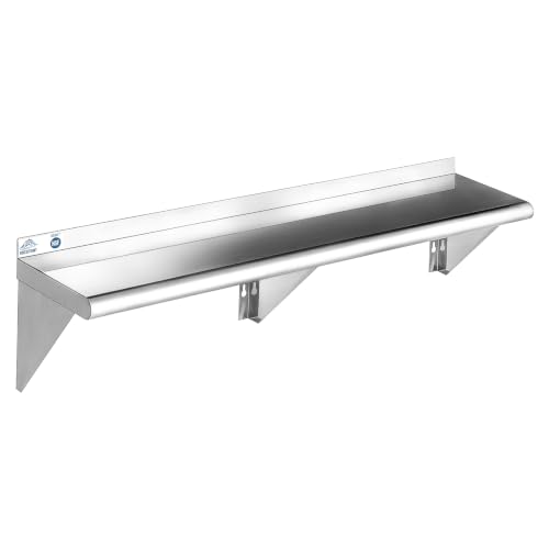 ROCKPOINT Stainless Steel Shelf 12 x 60 Inches 400lb, NSF Metal Commercial Shelves Wall Mount Floating Shelving with Backsplash for Restaurant, Kitchen, Home and Hotel, Silver