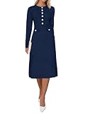Saodimallsu Women's Fall Long Sleeve Sweater Dress Knit Bodycon Crew Neck Button Decor. Elegant Formal Midi Dresses Navy