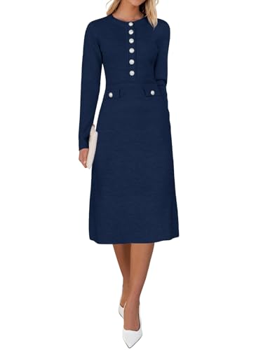 Saodimallsu Womens Fall Long Sleeve Sweater Dress Knit Bodycon Crew Neck Button Decor. Elegant Formal Midi Dresses Navy