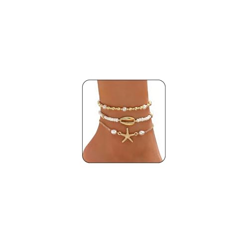 Image of Ankle Bracelets for Women Waterproof Beach Jewelry for Women Elastic Beaded Anklets Boho Seashell Pearl Starfish Anklets for Women Foot Jewelry