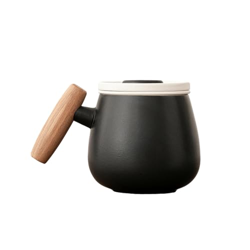 Taza de cerámica estilo chino de 400 ml con tapa y mango de madera, color negro zen
