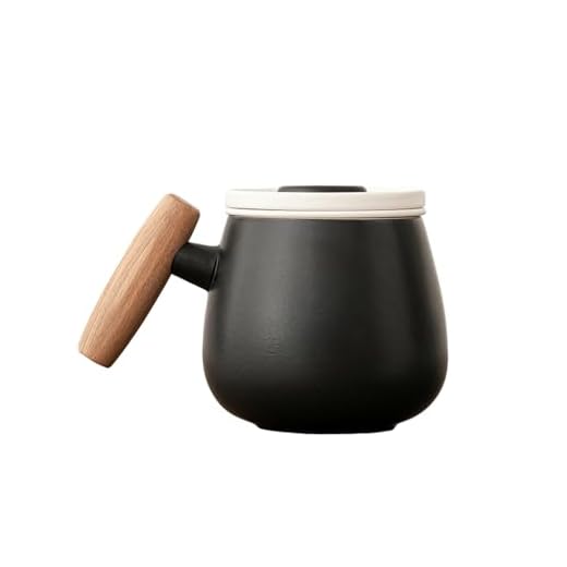 Taza de cerámica estilo chino de 400 ml con tapa y mango de madera, color negro zen