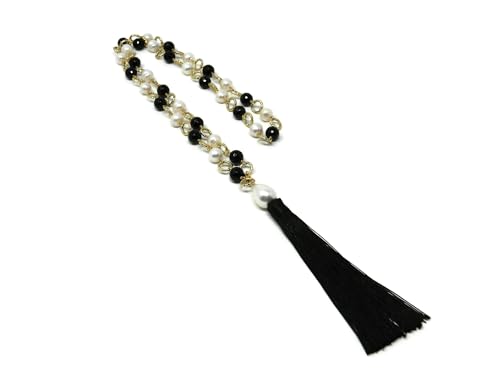 DodiGioielli Collier Long Perles de Rivière et Onyx Noir, Pendentif Perle de Majorque & Napp tassel, 88 cm, Fait Main en Italie