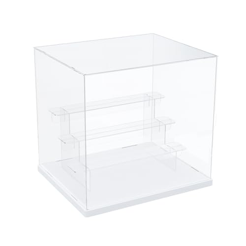 DuvinDD Vitrine aus transparentem Acryl, 4 Ebenen, kleine Vitrine für Sammlung, Vitrine, Figur für Pop Vitrine, Auto, Miniatur Aufbewahrung von Parfüm (weiße Basis, 31 x 23,5 x 28,5 cm)
