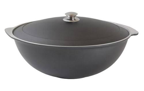 STP GOODS Cast Aluminum Asian Cauldron with Lid 12.7 Qt (12 L) Kazan for Making Pilaf, Dutch Oven Pot, Camping Cookware Kitchen Pot, Aluminum Caldero (Black)