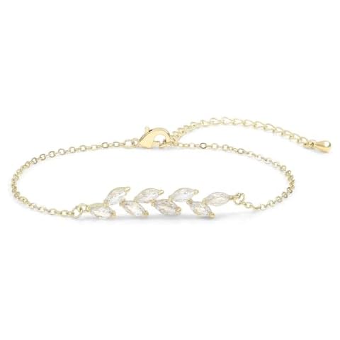 JUNVirtuous Gold Bracelets for Women,Gold Plated Bracelets with Adjustable Length Cubic Zirconia Jewelry Gift for Women (Leaf) Cover