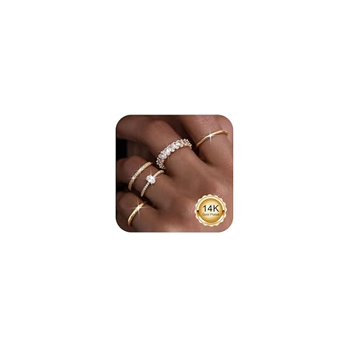 Diamday 5 Pcs Gold Rings for Women 14K Gold Plated Stacking 