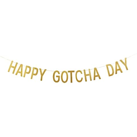 Happy Gotcha Day Gold Glitter Dog Cat Adoption Party Celebration Banner | Rescue Pet Puppy Kitten Birthday Paw Sign | Decorations Supplies Garland Cover