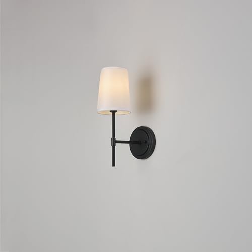 Image of Globe Electric 51859 1-Light Wall Sconce, Matte Black, White Fabric Shade, Wall Lighting, Wall Lamp Dimmable, Wall Lights for Bedroom, Kitchen Sconces Wall Lighting, Home Decor, Bulb Not Included
