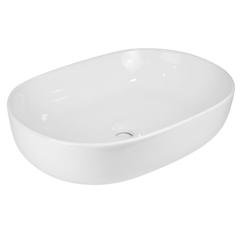 Lavabo Da Appoggio Ceramica Bianco Ovale Arredo Bagno Lavandino 60x40x15 Cm Con Foro Scarico Centrale (Lucido)
