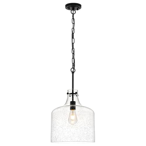 Image of 12 inch Black Seeded Glass Pendant Light, E26 Farmhouse Hanging Light | Black seeded glass pendant light with adjustable chain, E26 socket, ideal for kitchen islands and dining rooms