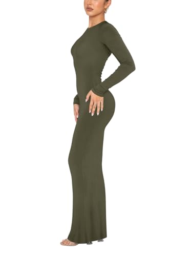 Image of REORIA Women's Sexy Crew Neck Lounge Long Dress Elegant Long Sleeve Ribbed Bodycon Maxi Dresses