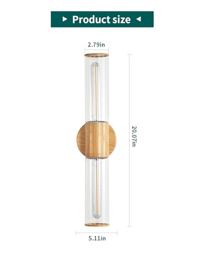 Image of Bathroom Vanity Lighting Fixture, 2-Light Wood Grain Wall Sconce Light Fixture with Clear Glass, E26 Socket Indoor Wall Lamp, Modern Wall Sconce for Mirror Living Room