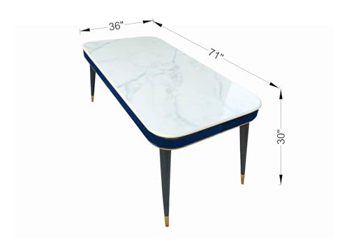 Image of WOODEN SPACE 6-Seater Wooden Dining Table Set | Nano Composite Marble Top | Solid Wood Base | Modern Dining Room Furniture with 6 Chairs (Blue)