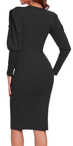 Image of Funeral Church Dresses for Women Formal Long Sleeve Wrap Business Work Dress Vintage Ruched Midi Pencil Dress