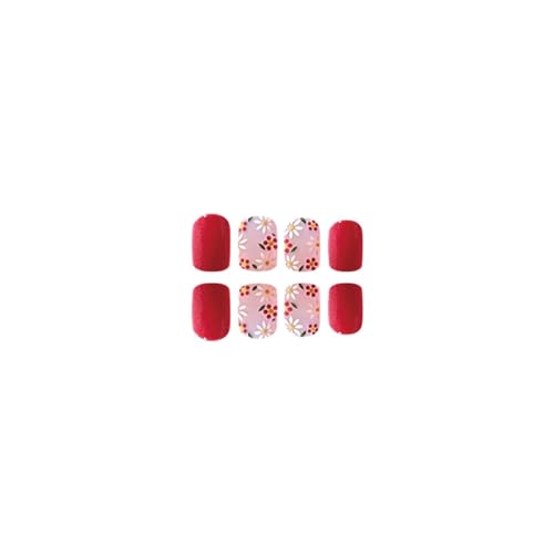 Image of Red Press on Nails Short Square Fake Nails Flower False Nails with Design Colorful Floral Stick on Nails Full Cover Glossy Acrylic Nails with Nail Glue Cute Artificial Nails for Women Manicure 24Pcs