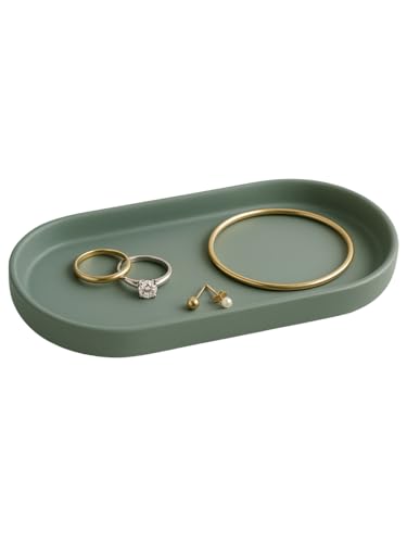 Sikkis Ceramic Jewelry Tray – Oval Vanity Dish for Rings, Earrings, Bracelets – Minimalist Decorative Trinket Holder for Dresser, Bathroom, Nightstand – Matte Green