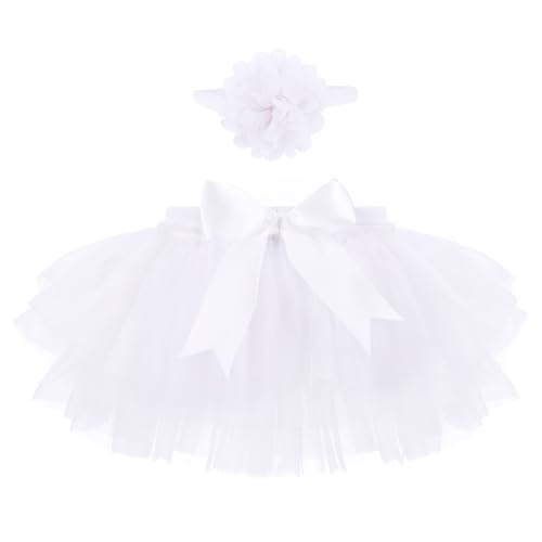 Baby Girls Tutu Skirt with Diaper Cover,Soft Tulle Skirt Infant Shorts with Headband White