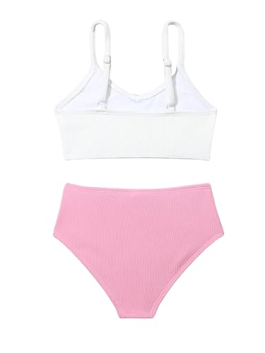 Image of WDIRARA Toddler Girl's 2 Piece Swimsuits Ribbed Color Block High Waisted Bikini Beach Sport Bathing Suit