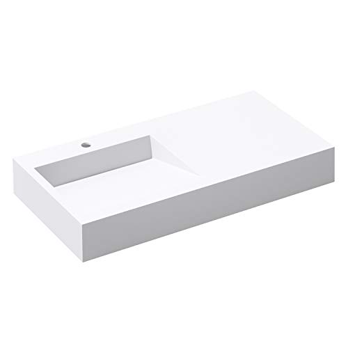 Durovin Bathrooms Lujoso lavabo de resina de piedra con estante lateral, colgado en la pared o en el mostrador de montaje superior, no requiere residuos