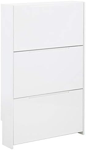 GFW Narrow High Gloss 3 Tier Shoe Cabinet Stores Up To 9 Shoes, Wooden Slim Shoe Organiser Cabinets for Home Entryway, Hall & Bedroom, White, H-112cm x W-72cm x D-17cm