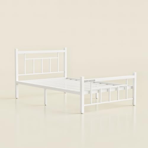 Image of Single Size Metal Bed Frame | SingleMetal Bed for Adults | Heavy Duty Iron Bed | Steel Bed Single | Single Metal Cot | Platform Bed | White MetalBed | Strong Steel Slats | No Box Spring Needed