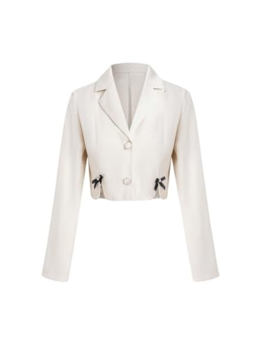 WDIRARA Women's Bow Decor Single Breasted Crop Blazer Collared Neck Open Front Long Sleeve Suit Jacket3