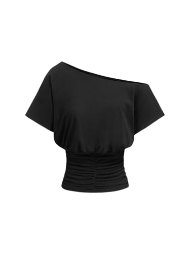 CIDER Off Shoulder Tops Asymmetrical Neck Ruched Short Sleeve Tee Top Casual Cotton Blend T-Shirt Women's Blouse