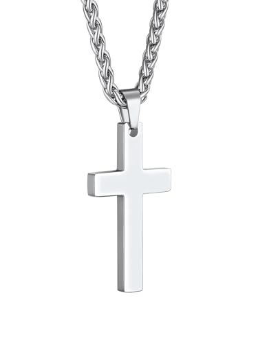 PROSTEEL Colgante Cruz Plata Collar Hombre Acero Inoxidable Plateado Colgantes Cruz Grande Cadena Trigo Espiga Eslabones 55cm+5cm Joyas Hombres Mujeres Sencillo Religioso