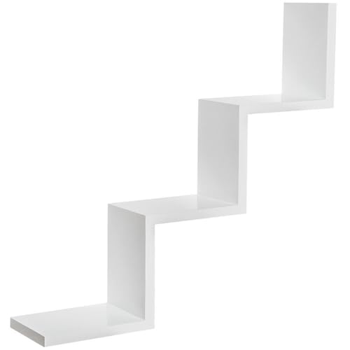 Homme Concept – White Step Shelf, Wall Mount Floating Shelves, Wall Shelves, W Zig Zag Display Storage Organiser Shelving Unit, Bookcase Bookshelf for Living Room Bedroom Bathroom Home Office