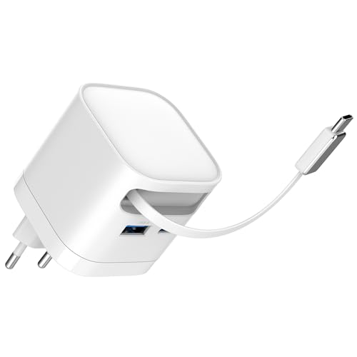 Cargador USB C 65W GaN de 3 puertos con cable retráctil blanco para MacBook e iPhone