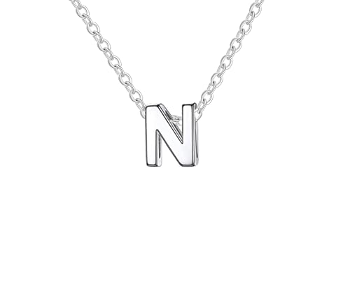 Collar para mujer con letra inicial con Hermosa caja de regalo. Acero inoxidable Colgantes con letras bisutería barata sobre con mensaje original Amigos Novios (N - Plateado)