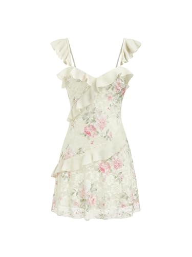 CIDER Women's Floral Lace Mini Dress Ruffle Cowl Neck Cute Summer Dresses Wedding Guest Dress Trendy Date Vacation Outfits