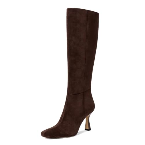 Image of Dsevht Black Leather Knee High Boots for Women Stiletto Kitten Heeled Sexy Boots Square Toe and Side Zipper Design Fashion Dress Boots