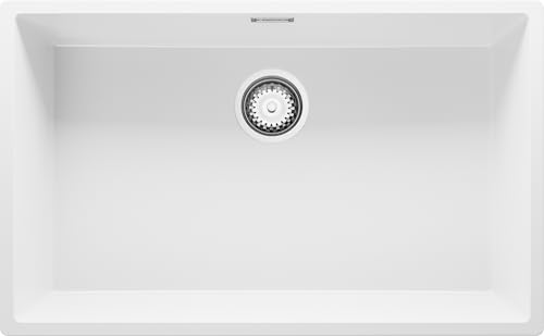 PRIMAGRAN Evier Cuisine en Granit Blanc 76x47cm, Lavabo 1 bac + Kit de Vidage, Évier à Encastrer al mueble 80cm - London Slim S478