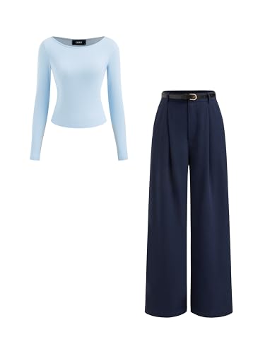 CIDER Women's Two Piece Sets Boat Neck Long Sleeve Top Wide Leg Pants with Belt Casual Business Fall Fashion Outfit