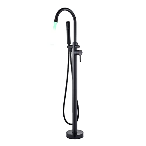 Votamuta Floor Mounted LED Light Swivel Spout Bathtub Shower Faucet Set Single Handle Free Standing Tub Filler Shower Mixer Tap with Hand Sprayer ORB
