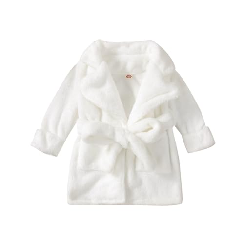 Bata corta mullida con bolsillos para cinturón, bata gruesa y cálida de franela para niños y niñas, bata de baño acolchada de invierno, ropa de casa, blanco, 1-2 años