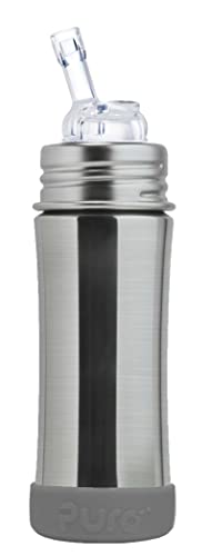 Image of Pura Kiki 11oz/325ml Stainless Steel Straw Bottle w/Sleeve, 100% Plastic-Free, MadeSafe Certified, 100% Medical-Grade Silicone Straw for Kids, Toddlers, Preschoolers, Babies & Infant – Slate Bumper
