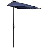 Sunnydaze 9-Foot Half Patio Umbrella with Solar LED Lights - Navy Blue