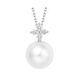 Stfery Collar de perlas de oro blanco de 9K/14K/18K, elegante colgante de perlas de agua salada de 8.5-9 mm con diamantes naturales de 0.09 quilates, collar de oro real para mujer, 40+5cm, Metal