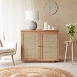 The Gileteen Rattan Sideboard Buffet Rattan Storage Cabinet - Farmhouse Kitchen Cabinet with Rattan Decorated Doors Table for Living Room