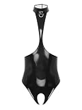 Freebily Damen Wetlook Body Brüste Offen Catsuit Lackleder Bodysuit Dessous Ouvert Stringbody Nachtwäsche Pole Dance Nachtclub Outfit Schwarz S