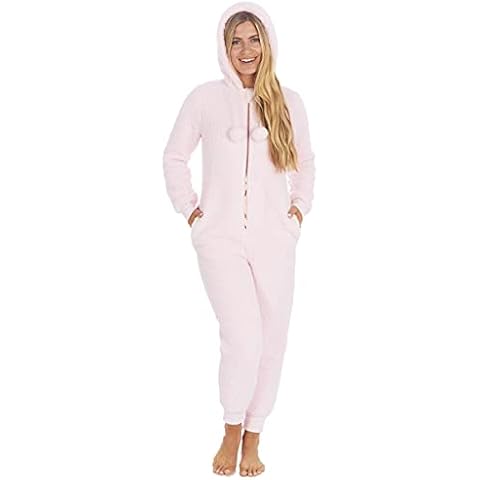 ONEZEE Womens Ladies Hooded Onesie All in One Nightwear Supersoft Fleece Gift Light Pink Cover